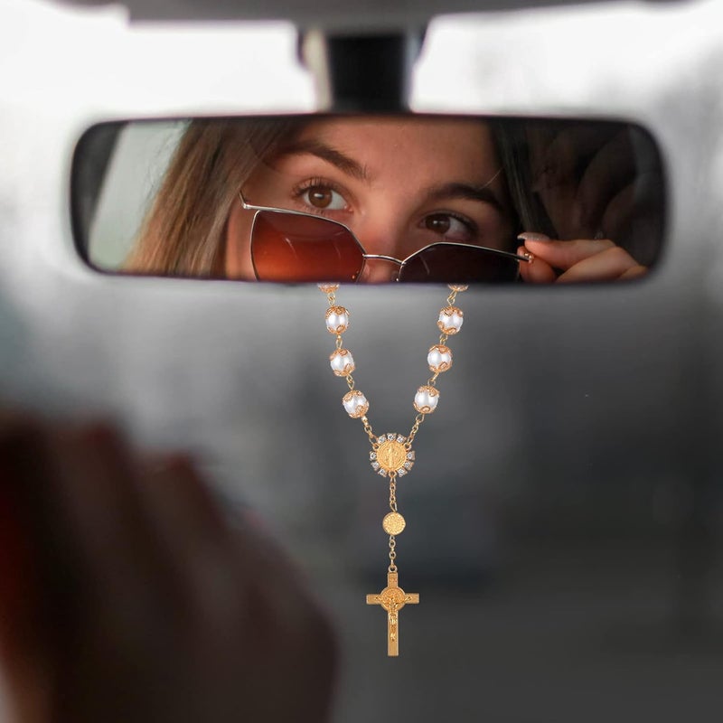 COBEE Car Rosary, 2-Piece Cross Auto Rosary, Rear View Mirror Pendant, Car Hanging Accessories, Interior Decor for Women & Men (Gold) - Image 2